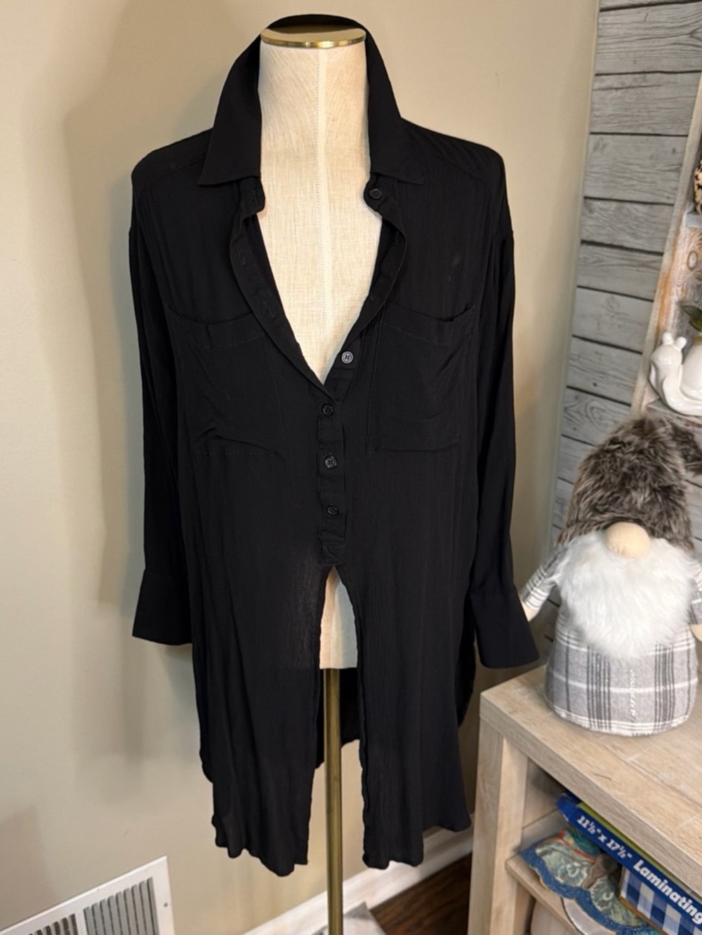 Black Long Sleeve Button-Front Women's Tunic Top